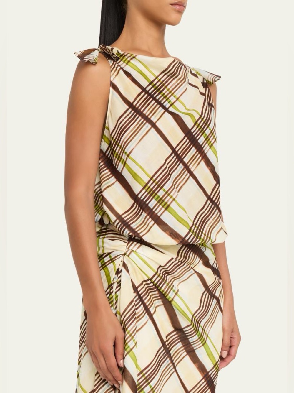 A.L.C. Dylan Plaid Shoulder-Tie Top Buttergan Size Large